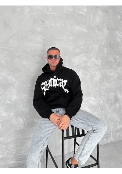 Modi Green Baskılı Unisex Günlük Stil Siyah Üç İplik Kapüşonlu Sweatshirt