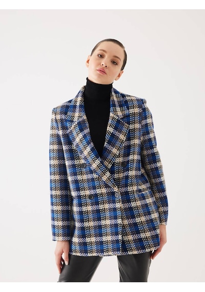 Ekose Desen Saks Kruvaze Oversize Blazer Ceket 001