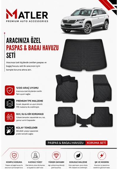 Skoda Kodiaq 2016 Model 4d Ekstra Havuzlu Paspas Ve Bagaj Havuzu Set