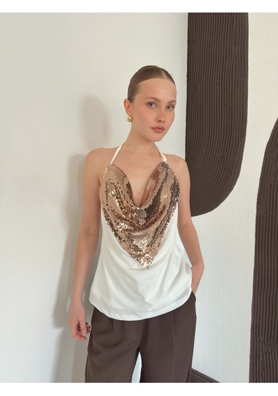 Verymoda Pullu Askılı Bluz D3079 Krem Bakır