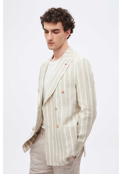 Twn Slim Fit Bej Armürlü %100 Keten Kruvaze Kumaş Ceket 4ec04tl134882 Bej