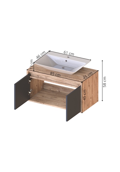 Banos Roomart 2 Kapaklı Lavabolu Ahşap-Antrasit Mdf 85Cm Banyo Antrasit