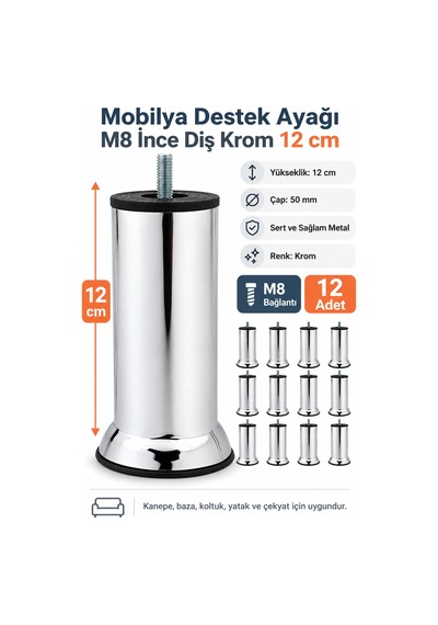 12 Adet Mobilya Kanepe Koltuk Baza Yatak Çekyat Yükseltme Ayağı M8 Ince Diş Metal Ayakları 12 Cm Diğer