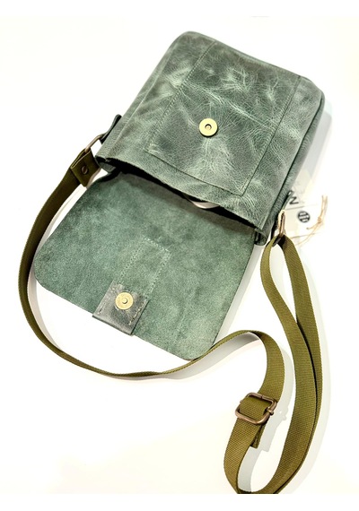 Natderi Hakiki Deri Unisex Omuz Ve Postacı Çanta - Ayarlanabilir Askılı Haki Renk 20x22 Cm Haki