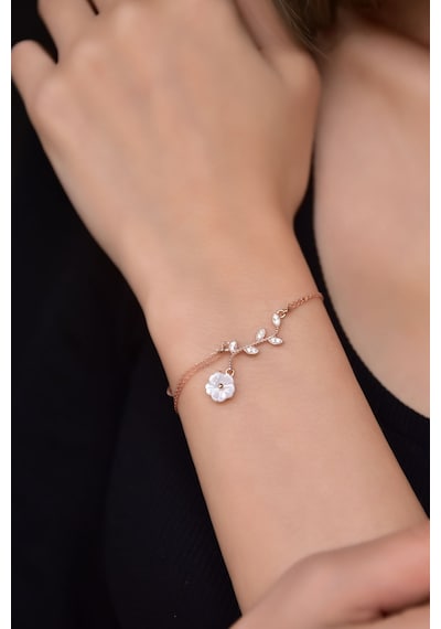 Papatya Silver 925 Ayar Gümüş Rose Kaplama Dallı Sedef Manolya Çiçeği Bileklik