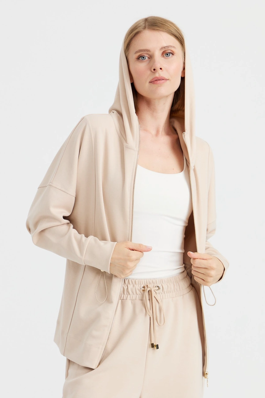 Kadın Kapüşonlu Beli Büzgülü Sweat Bej Bej