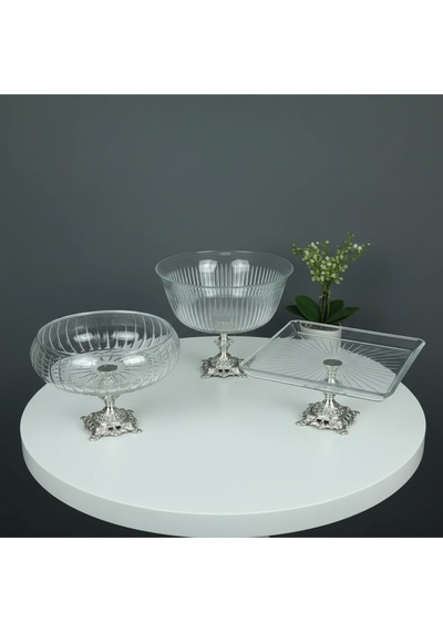 Çnr Home Collection Gümüş Detayli Metal Ayakli 3 Parça Sunum Ve Servis Seti Gümüş
