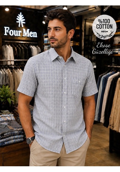 Eren Style Linen Keten Klasik %100 Cotton Kısa Kollu Ekose Pamuklu Tek Cepli Terletmeyen Gömlek Gri