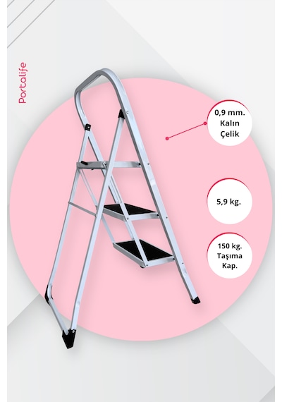 Portalife 3 Basamaklı Beyaz Çelik Şık Merdiven 101-150cm Arası