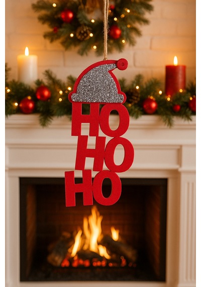 Ho Ho Ho Yılbaşı Kapı & Ağaç Süsü Kırmızı Keçe, Gümüş Taşlı Kırmızı