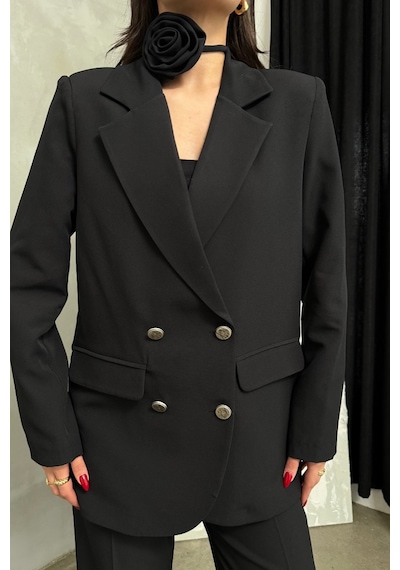 Msm Fashion Kadın İkili Blazer Ceket Pantolon Takım Aksesuar Ve Düğme Detaylı Bol Paça Siyah Msm Fashion Kadın İkili Blazer Ceket Pantolon Takım Aksesuar Ve Düğme Detaylı Bol Paça Siyah