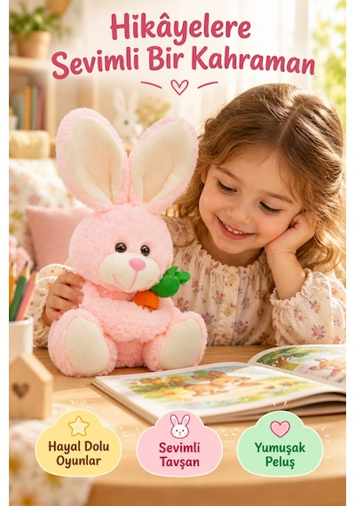 Pembe Tavşan Peluş Oyuncak 28 Cm Havuçlu Sevimli Yumuşak Oyuncak Çocuk Odası Dekoru Uyku Arkadaşı Set