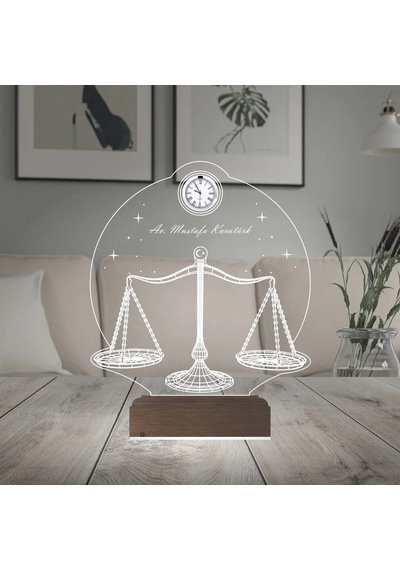 Luvivia Avukata Hediye Hukuk Terazi Adalet Tasarım Kişiye Özel Metal Saatli 3d Lamba - Masa Gece Lambası Şeffaf