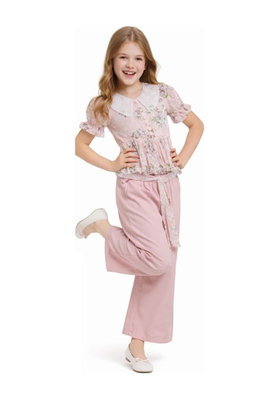 İrem Çocuk Giyim Kız Çocuk Çiçek Desenli Güpürlü Gömlek Geniş Paça Pantolonlu Pudra Renk İkili Takım Pudra İrem Çocuk Giyim Kız Çocuk Çiçek Desenli Güpürlü Gömlek Geniş Paça Pantolonlu Pudra Renk İkili Takım Pudra