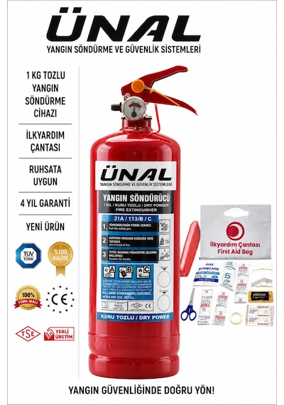 1 Kg Tozlu Yangın Söndürücü + İlk Yardım Çantası Ruhsata Uygun Araç İçin Ev İçin