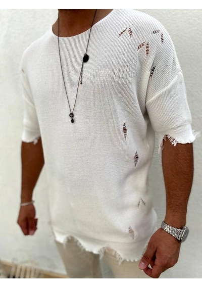 Elkumoda Yırtık Detaylı Tişört Lazer Kesim Tshirt-2684