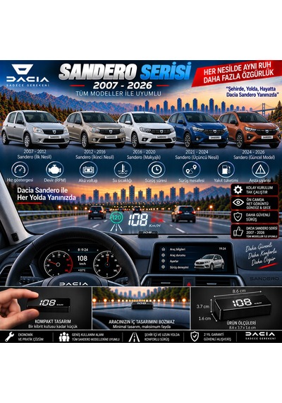 Dacia Sandero 2007-2026 Modeller İçin Head Up Display Hayalet Gösterge Ekranı Ön Cam Hız Göstergesi