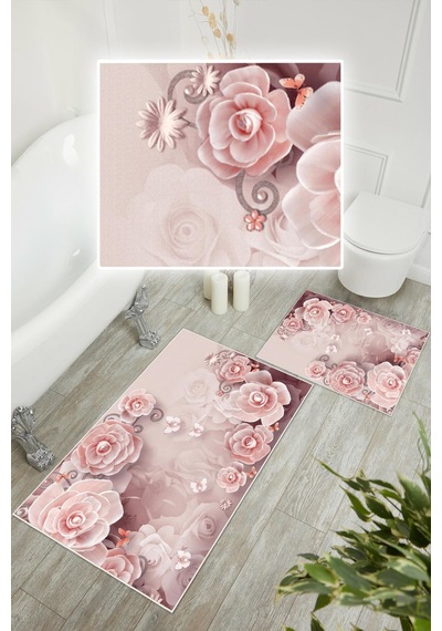 Dijital Baskı Gül Desen Kaymaz Taban 2li Set Banyo Paspası Klozet Takımı 50x60cm-60x100cm Pembe