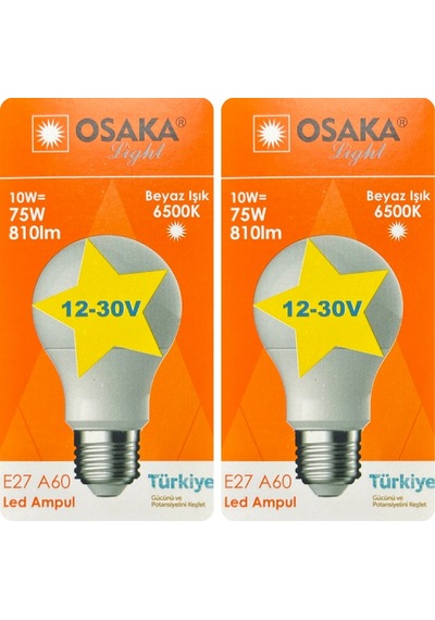 2 Adet Osaka 12volt 10w 75w Beyaz Işık 6500k E27 Duylu Kalın Duy Led Ampul