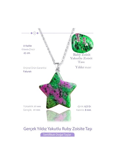 Erilsa Sertifikalı Gerçek Yıldız Model Ruby Yakutlu Zoisite Taşı Kolye Çok Renkli