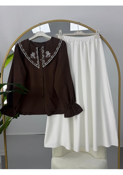 Lovie Moda Nakışlı Bebe Yaka Etekli Takım Kahverengi