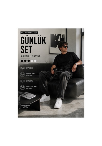 Masion Rae Erkek 5'li Basic Tişört Seti Regular Fit Bisiklet Yaka %100 Pamuk 30/1 Süprem Siyah-siyah-siyah-beyaz-beyaz