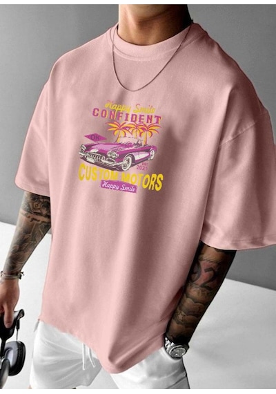 Custom Motor Baskılı Oversize Tişört Pembe