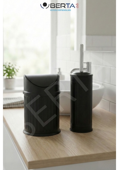 Vintage İkili Banyo Seti Pratik Çöp Kovası 3lt Tuvalet Fırçası Lüks Model - Çöp Poşeti Hediye Siyah