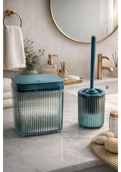 Banyo Çöp Kovası Ve Wc Fırçası Seti Modern Ve Şık Banyo Aksesuarları 2li Set Mavi