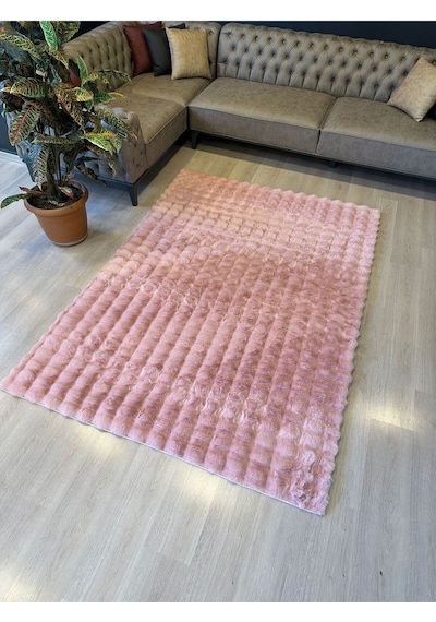 Aries Home Tavşan Tüyü Yumuşak Keçeleşmez Dekoratif Bubble İthal Kalite Post Halı Pembe