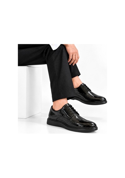 Yalçın Shoes Erkek Siyah Parlak Suni Deri Bağcıklı Klasik Ayakkabı Dokulu Ön Yüzey, Kalın Taban Damatlık Ayakkabı Siyah - 933653717 Siyah