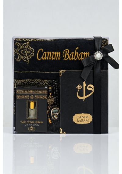 Canım Babam - Babalar Günü Hediyesi - Hediyelik Kişiye Özel İsimli Seccade Seti - Yasin Kitabı, Tesbih, Zikirmatik, Esans - Siyah