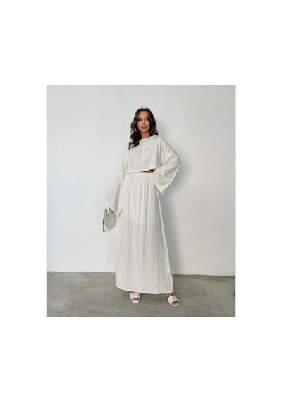 Unika Boutique Ham Keten Bohem Bluz Etek Takım beyaz