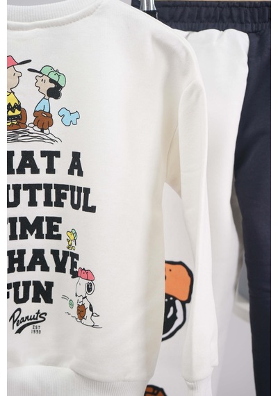 Yeni Sezon Peanust Snoopy Modelli Bisiklet Yaka Pamuk Eşofman Takımı Ekru