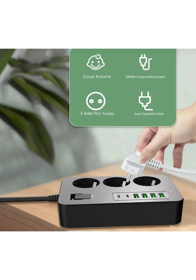 Akım Korumalı 3 Lü Priz 2x Usb-c + 4x Usb-a Hızlı Şarj 2m Kablo Çocuk Korumalı Çoklu Priz 2 M