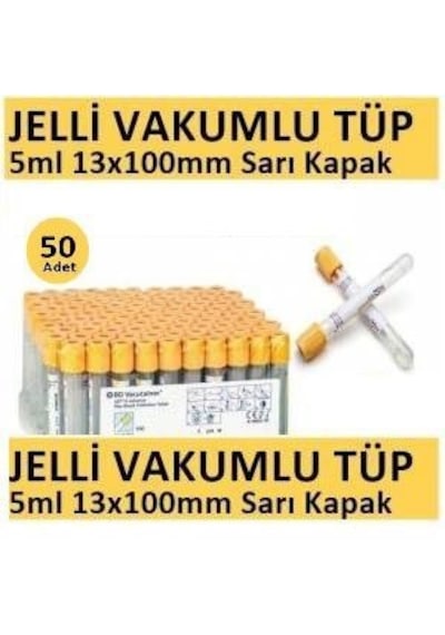 50 Adet Kan Alma Tüpü, Vakumlu Jelli, Sarı Kapak 5ml 13x100mm, Bd