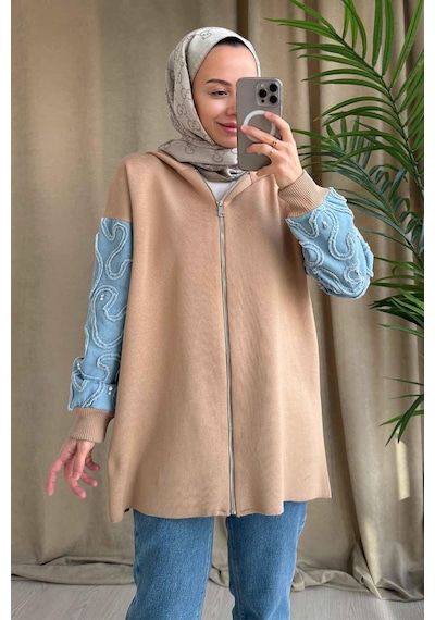Ka Hijab Kolları Kot Detaylı Triko Hırka - Camel Camel