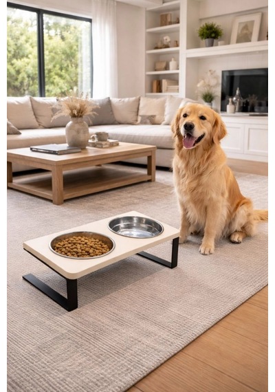 Reyo Ok-ay Store Radessa Xl Yüksek Standlı Çift Hazneli Mama Ve Su Kabı, Büyük Ve Orta Boy Köpek Ve Kedi Su Kabı Paslanmaz Çelik Krem