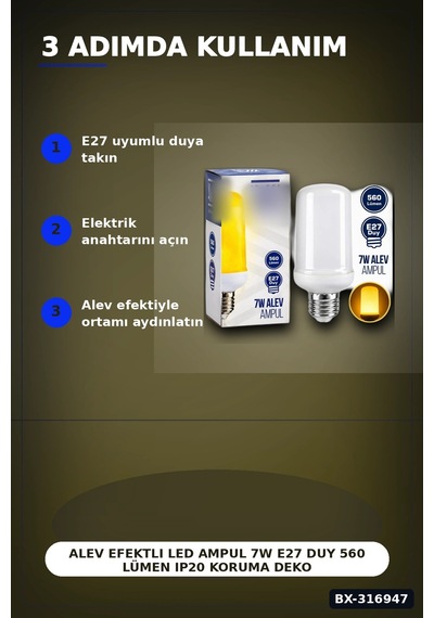Alev Efektli Led Ampul 7w E27 Duy 560 Lümen Ip20 Koruma Dekoratif Lamba Bx-316947