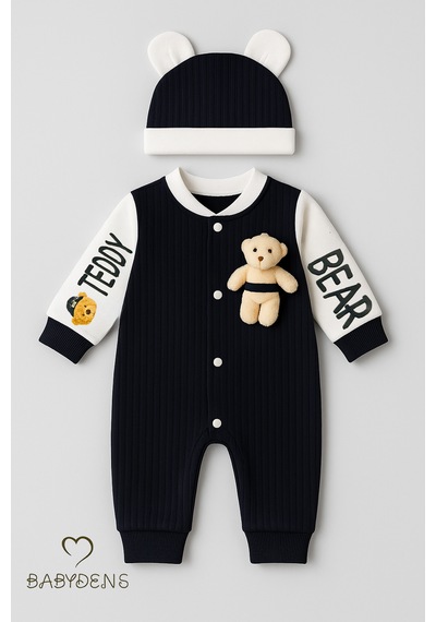 Babyden's Teddy Bear Temalı Yenidoğan Fitilli Tulum Takımı Ayıcıklı Erkek Bebek Tulum Şapka Set %100pamuk Lacivert