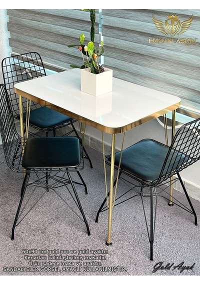 By Hakan Aşkın Gold Metal Ayaklı 60x90 Cm Kalınlıklı Tek Masa Parlak Beyaz Gold Mutfak - Balkon - Çalışma Masası 2026 Gold Kalınlaştırılmış
