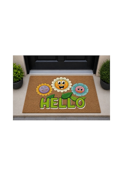 Kapı Önü Paspası Kaymaz Ağır Tabanlı Gülen Papatyalar Hello Desen Dekoratif , Kolay Temizlenir 45x70 Cm Kod T6 Kahverengi