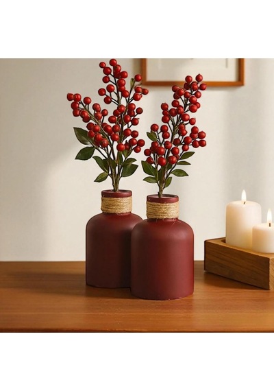 Hasır İpli Bordo Vazo Seti 2 Li 11 Cm El Yapımı Taş Tozu Vazo, Pampas Ve Kuru Çiçek İçin Boho Standart