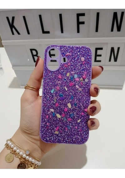 Apple Uyumlu iPhone 16 Taşlı Simli Kılıf Modeli Mor
