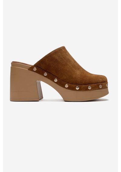 Luvishoes Bellune Taba Süet Hakiki Deri Perçin Detaylı Kadın Kalın Topuklu Terlik