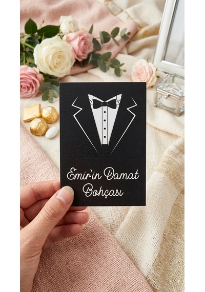 Kişiye Özel Damat Gelin Bohça Kartı / Gelin Bohçası / Hediye Kartı / İsimlik / Düğün Nişan Söz Beyaz - Siyah