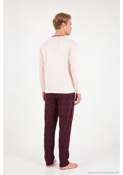 Buratti Baskılı Pamuklu Bisiklet Yaka Uzun Kollu Pijama Takımı Erkek Pijama Takımı 6575004 Bordo