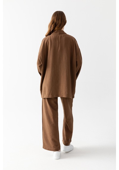 Zen Elegance Kadın Kimono Takım - Geniş Paça Keten Dokulu Alt Üst Yazlık Kadın Takım Kahve Zen Elegance Kadın Kimono Takım - Geniş Paça Keten Dokulu Alt Üst Yazlık Kadın Takım Kahve