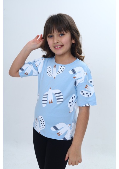 Toontoy Kids Toontoy Kız Çocuk Kuş Pano Baskılı Tişört Mavi