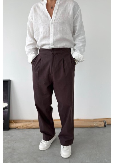 Kahverengi Premium Baggy Keten Pantolon
